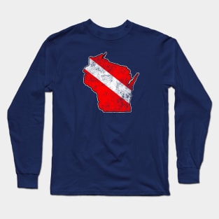 Vintage Dive Wisconsin Scuba Diving State Map Dive Flag Distressed Long Sleeve T-Shirt